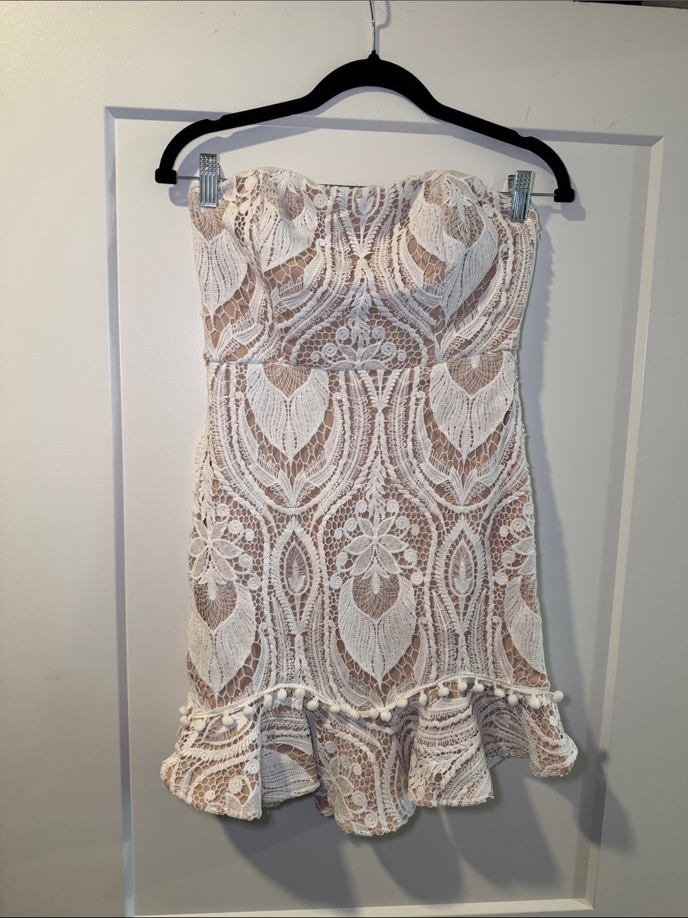 Strapless White Lace Ruffle Hem Mini Dress